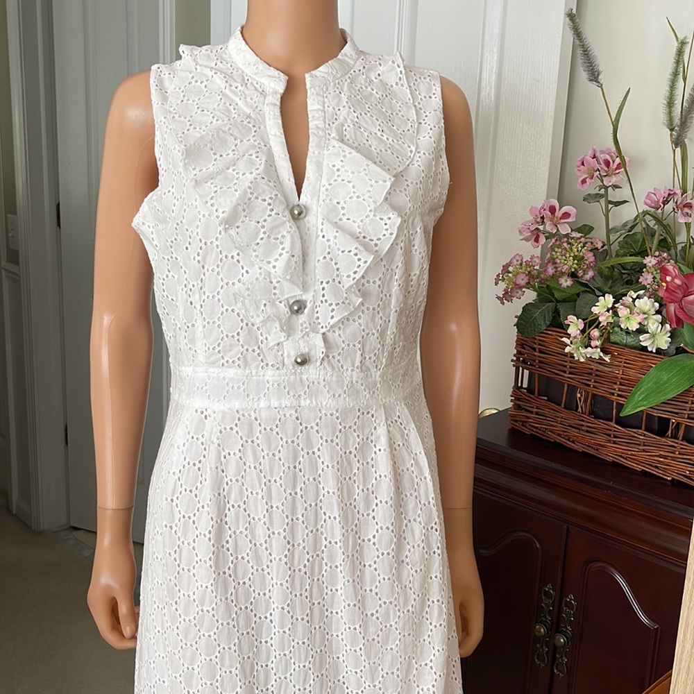 NWT Chadwick’s White 100% Cotton Eyelet Ruffle Sleeveless Knee-Length Dress - Picture 3 of 13